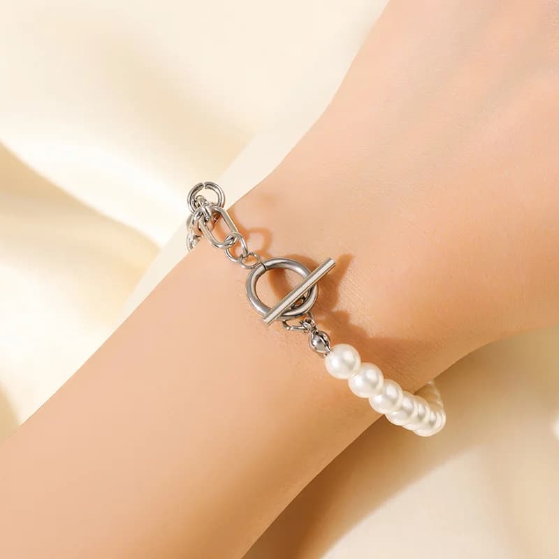 Asymmetrisches Perlen-Halsketten- & Armband-Set, Silber