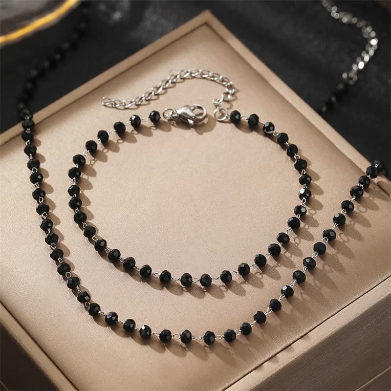 Schwarze Perlen-Ketten Halskette und Armband Set