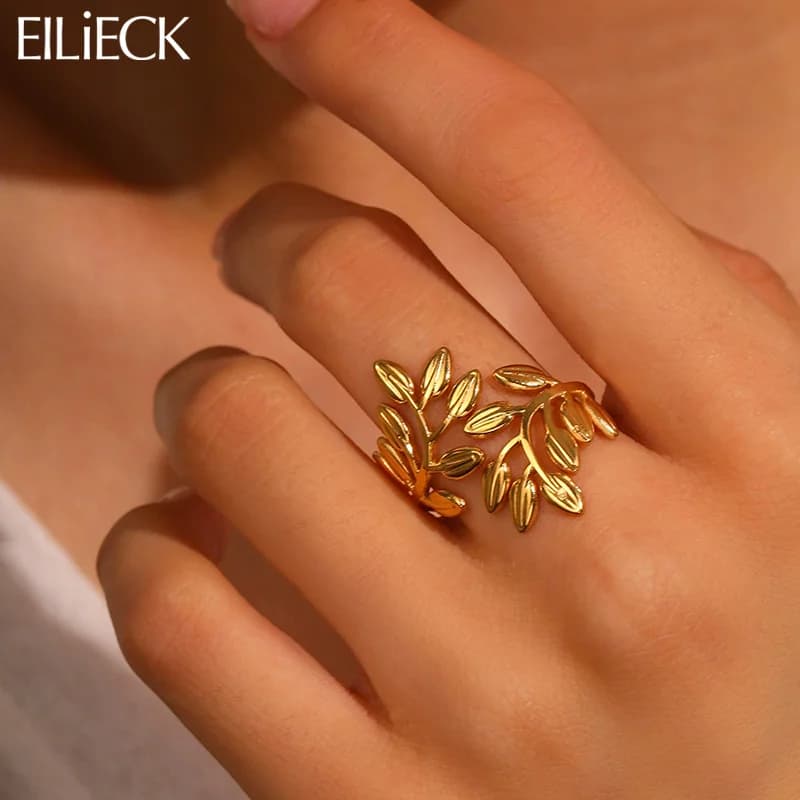 Damen vergoldeter Edelstahl Statement-Ring mit Blattmotiv