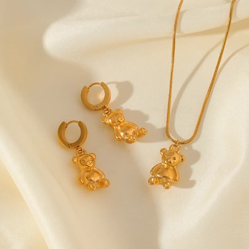 Bär und Blume Halsketten- und Ohrring-Set, Gold