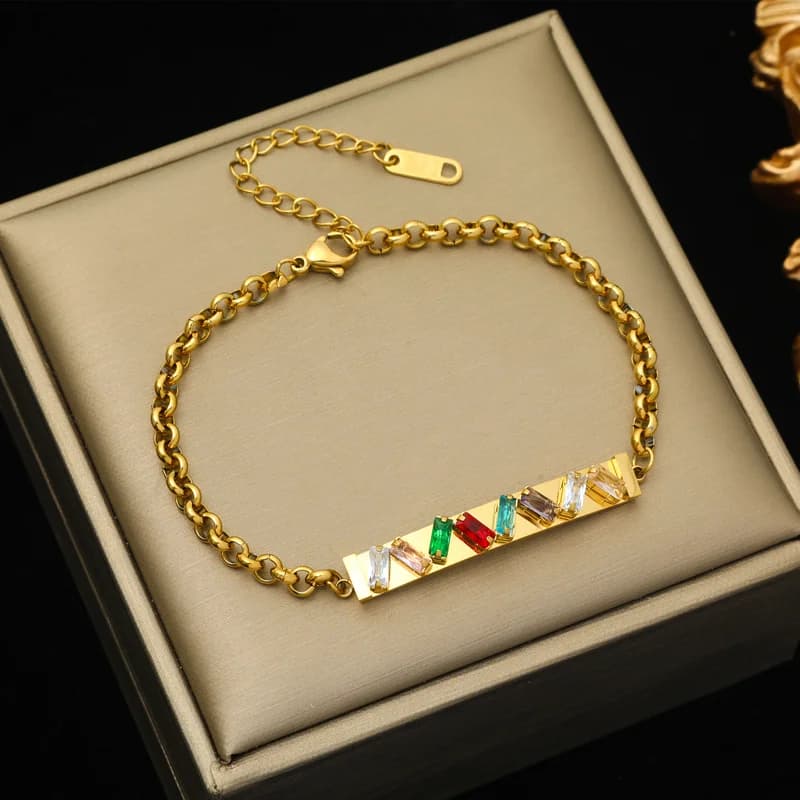 Edelstahl Armband, zweischichtig mit Zirkonia, goldfarben
