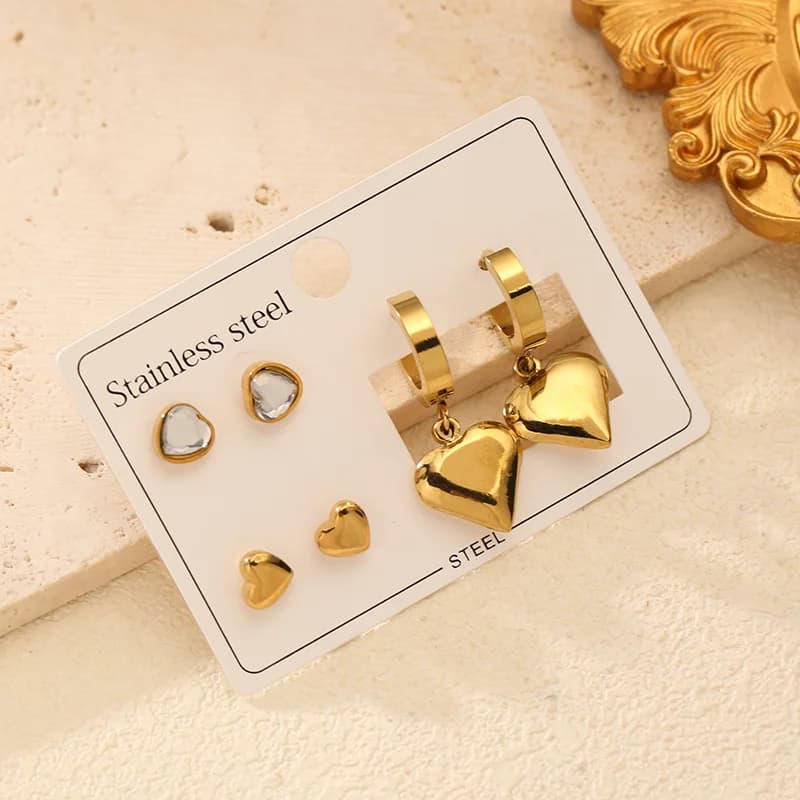 3er-Set Zirkonia Herz-Ohrstecker und Hängeohrringe