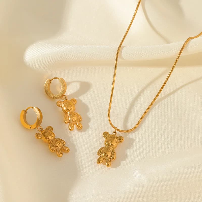 Bär und Blume Halsketten- und Ohrring-Set, Gold