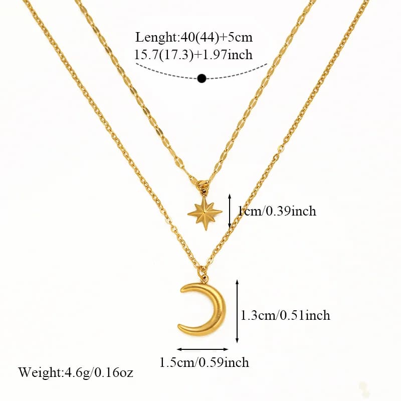 Retro Anhänger-Kette mit Stern und Mond, vergoldet