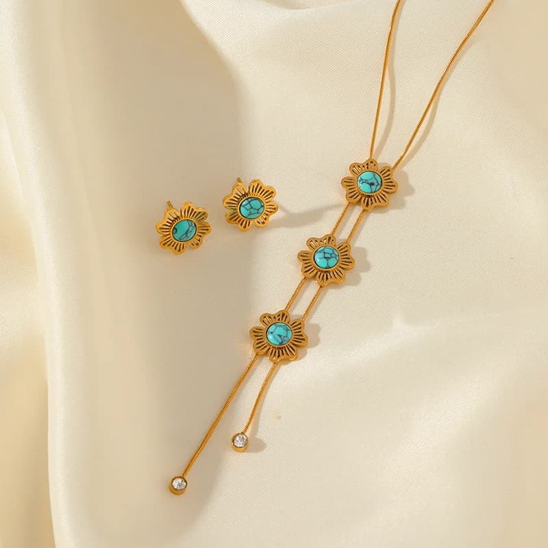 Bär und Blume Halsketten- und Ohrring-Set, Gold