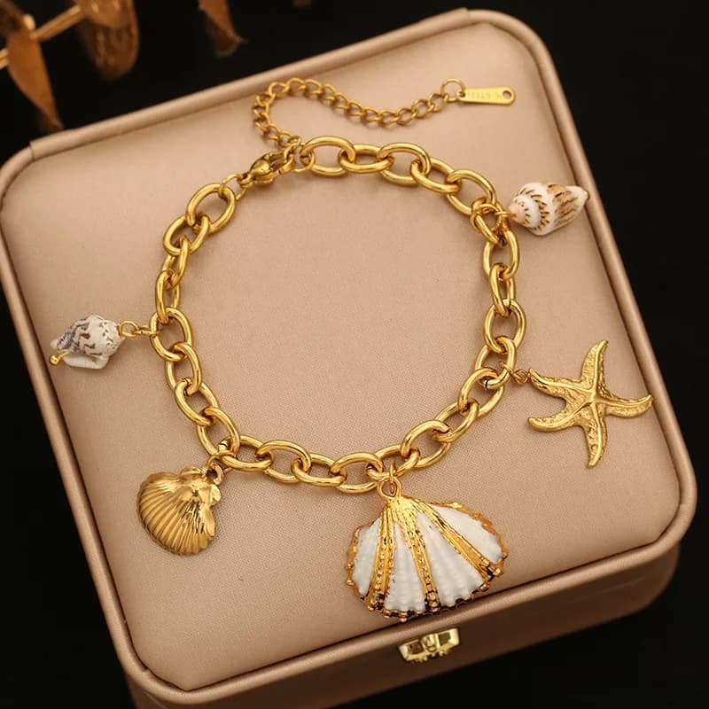 316L Edelstahl Strand-Armband mit Muschel- und Seestern-Anhängern