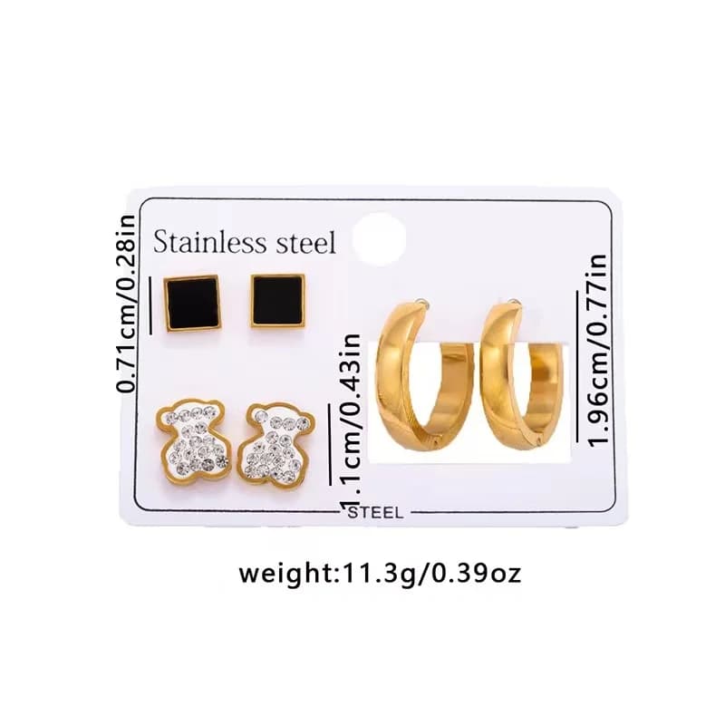3-Paar Bär- und Quadrat-Hoop-Stecker-Ohrstecker-Set