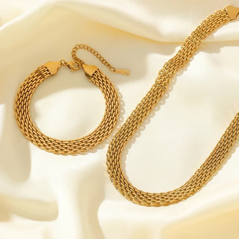 316L Edelstahl Goldfarben Uhrenkette Halskette und Armband Set