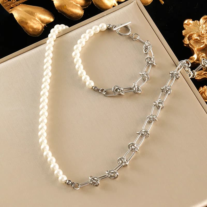 Asymmetrisches Perlen-Halsketten- & Armband-Set, Silber