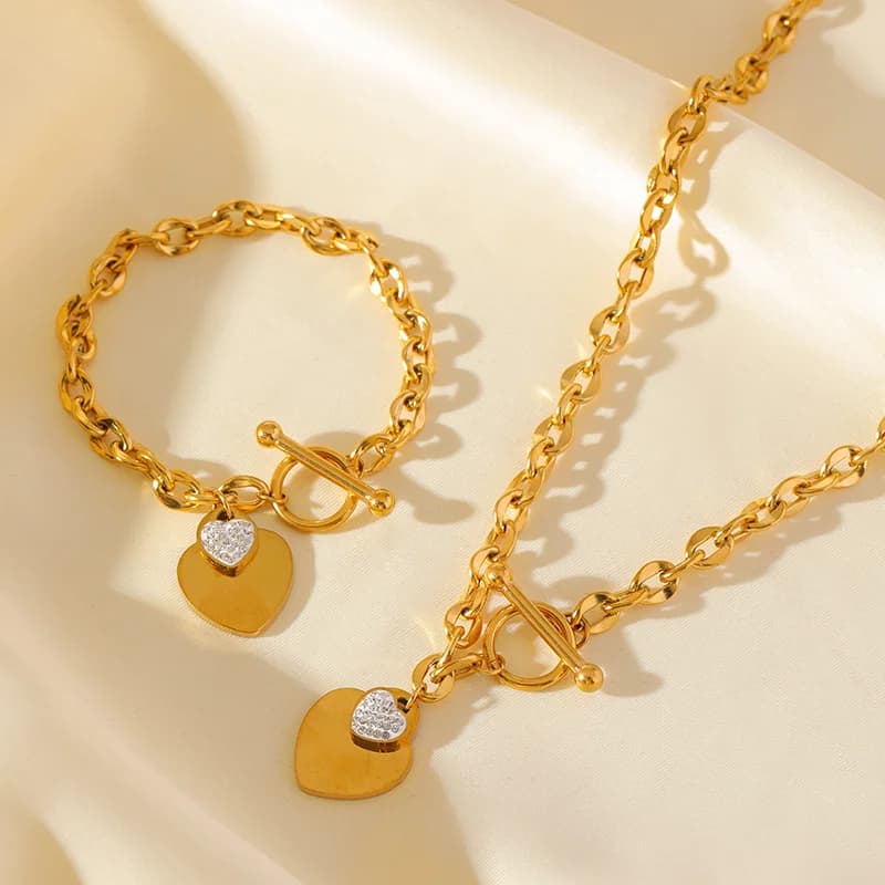 316L Edelstahl Doppelherz Halskette & Armband Set