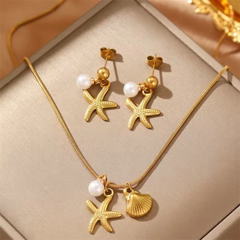 Seestern Perlen Muschel Halskette & Ohrringe Set