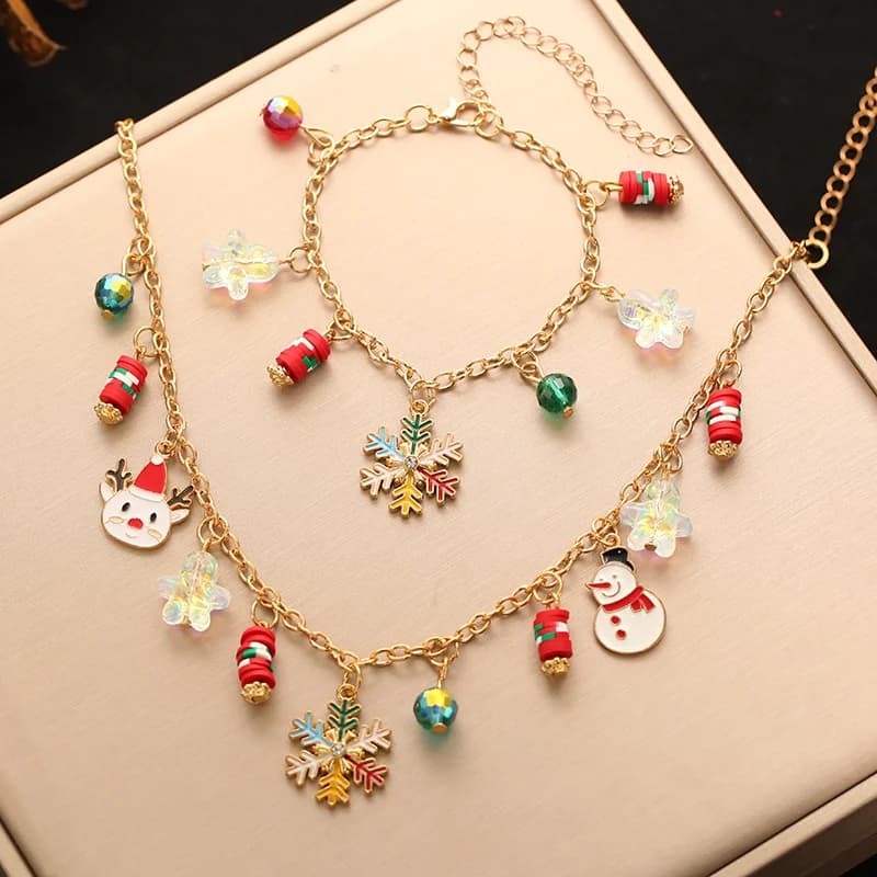 Weihnachtsbaum und Schneemann Halskette und Armband Set