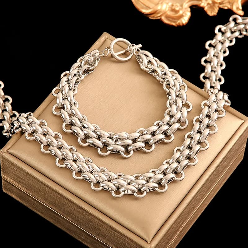 Cuban Chain Halskette und Armband Set, Silber