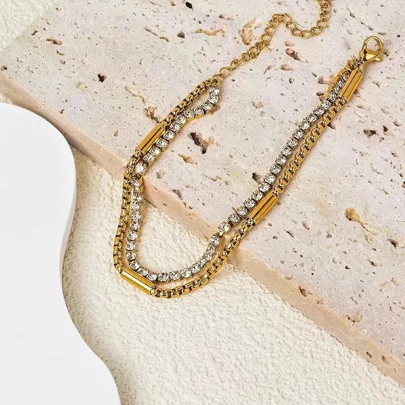 Edelstahl Armband, zweischichtig mit Zirkonia, goldfarben