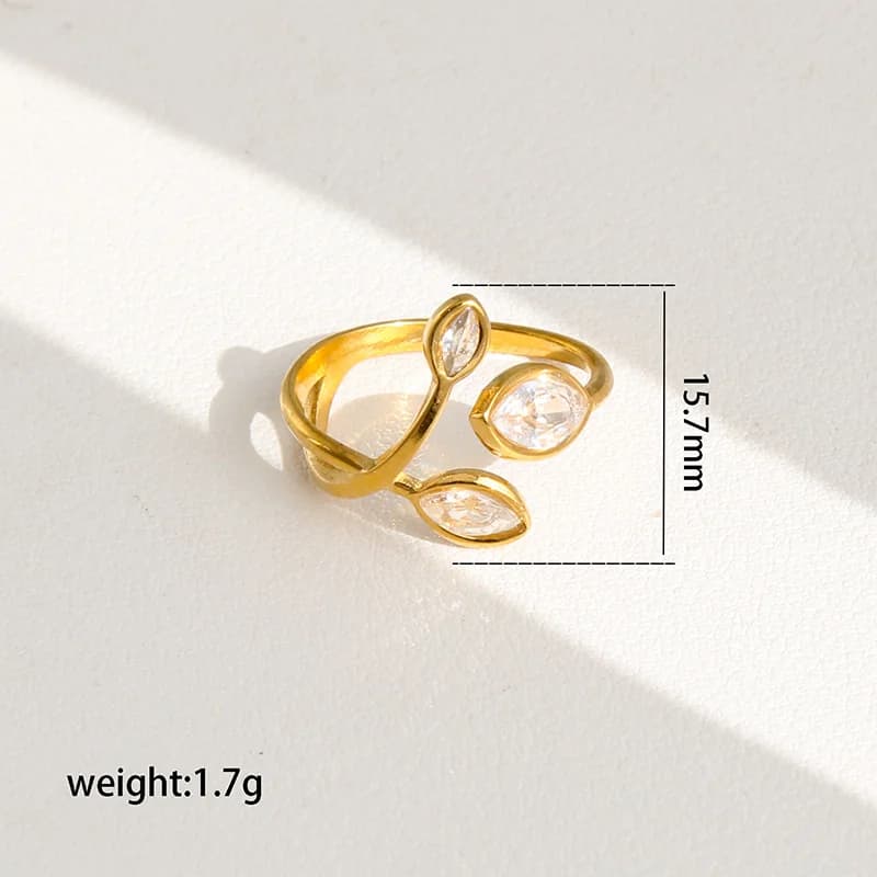 Edelstahl Ring mit funkelnden Zirkonia-Blättern, verstellbar