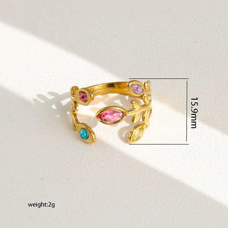 Edelstahl Ring mit funkelnden Zirkonia-Blättern, verstellbar