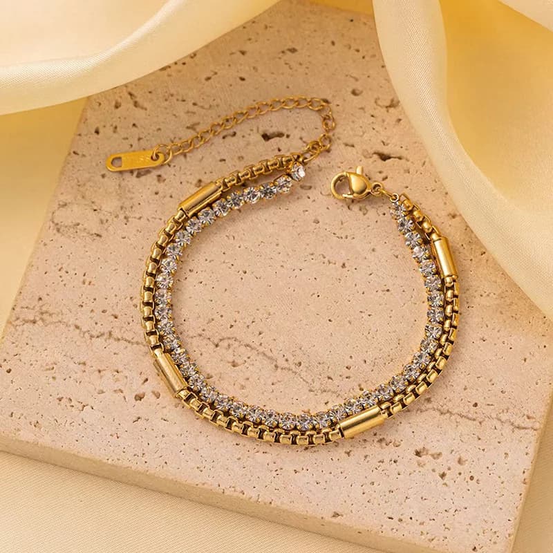Edelstahl Armband, zweischichtig mit Zirkonia, goldfarben