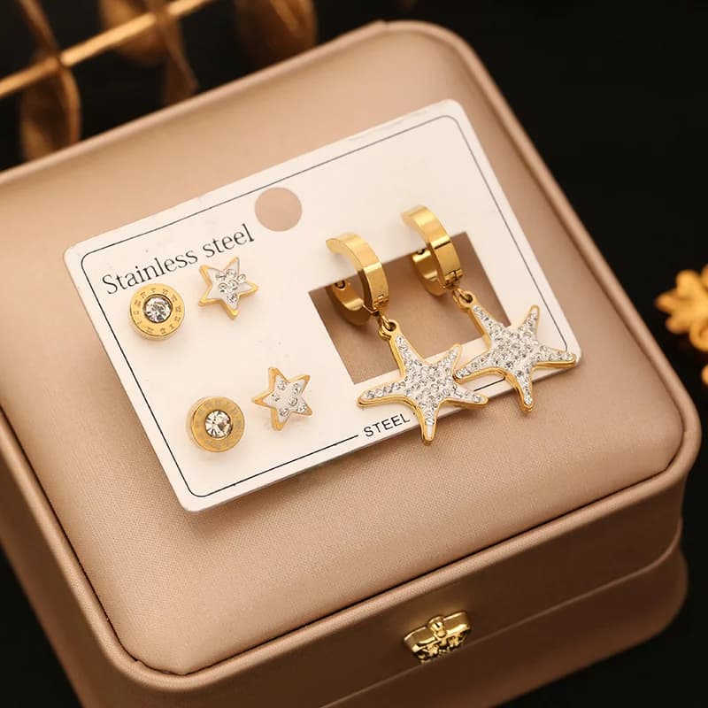 3 Paar Fünfstern-Zirkonia Ohrstecker Set