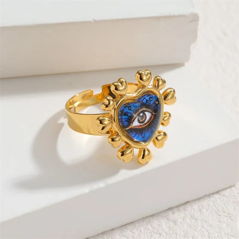 Verstellbarer offener Ring mit Blumen- und Herz-Motiv, Edelstahl
