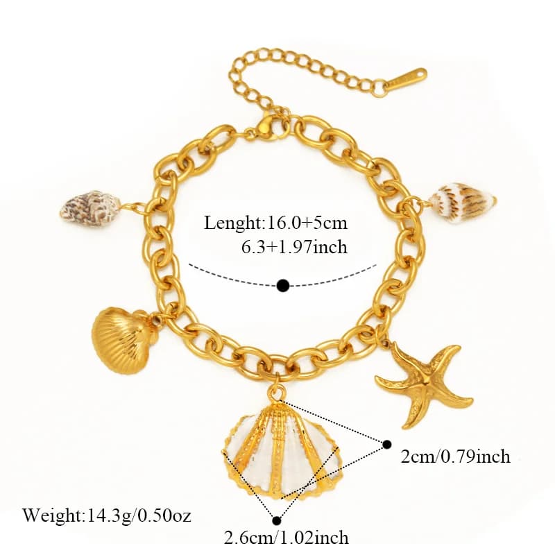 316L Edelstahl Strand-Armband mit Muschel- und Seestern-Anhängern