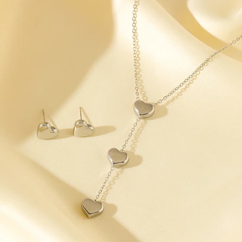 Glänzendes Herz Halsketten- und Ohrring-Set, Silber