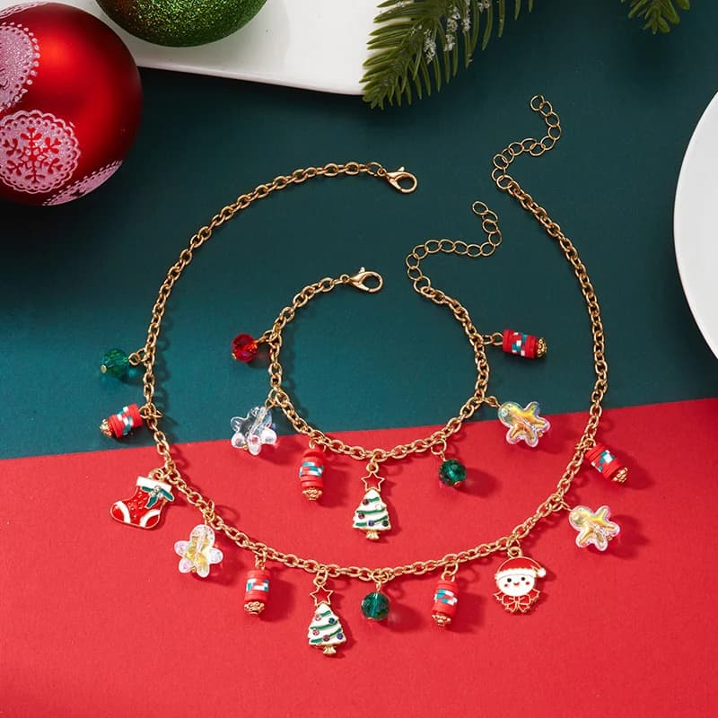 Weihnachtsbaum und Schneemann Halskette und Armband Set