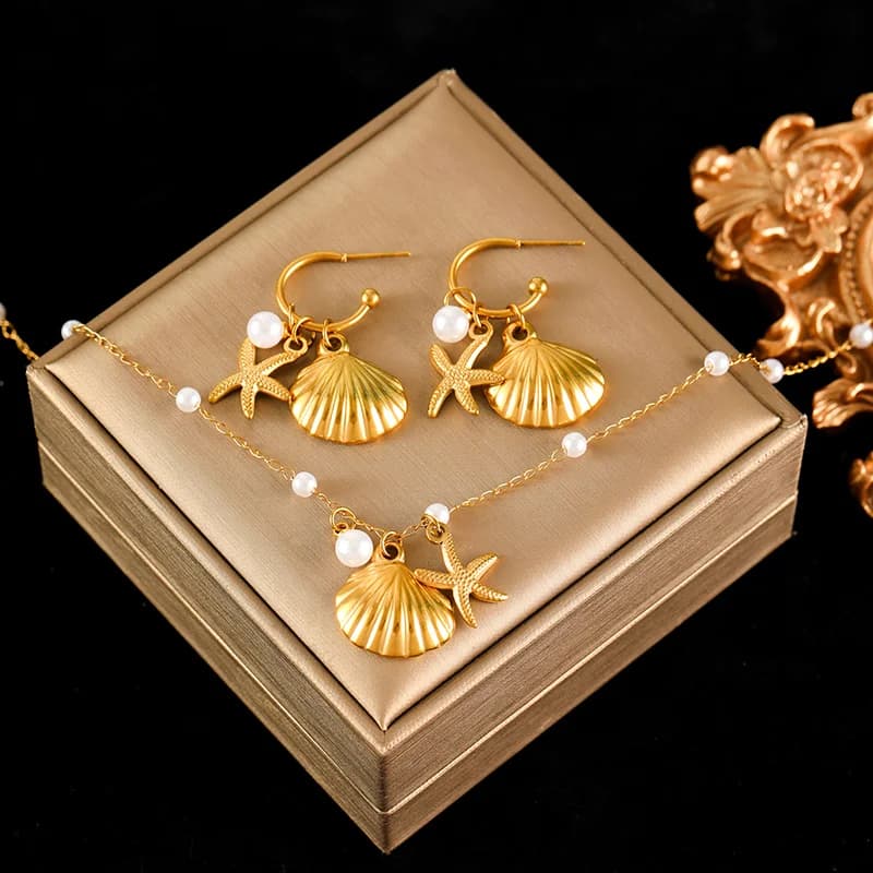 Gold Stern Seestern Muschel Perlen Halskette und Ohrringe Set