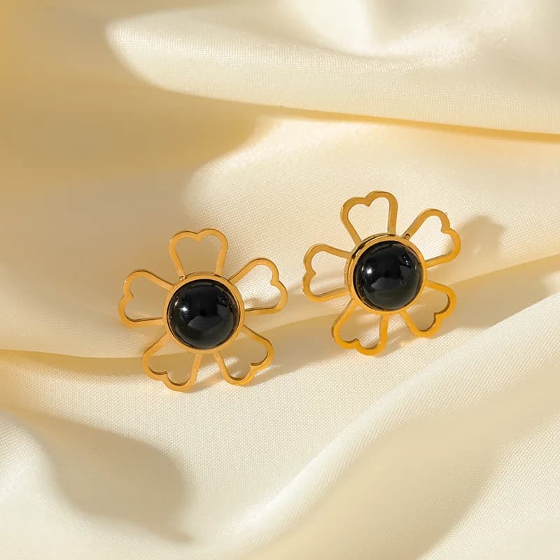 Schwarze Stein Blumen Halskette und Ohrringe Set