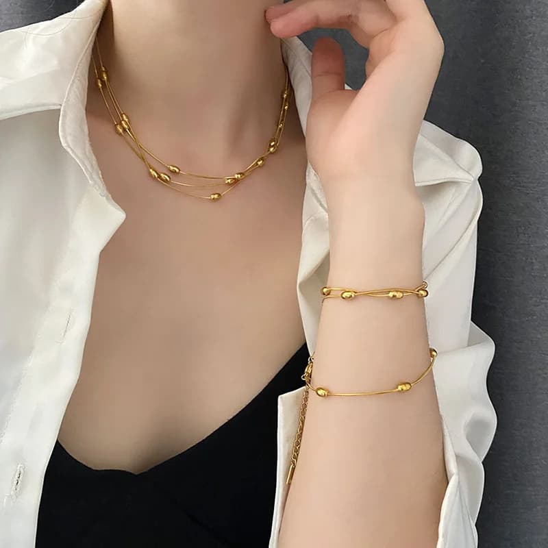 Mehrlagiges Edelstahl-Halskette, Gold/Silber