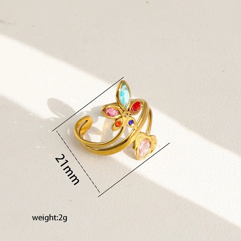 Edelstahl Ring mit funkelnden Zirkonia-Blättern, verstellbar
