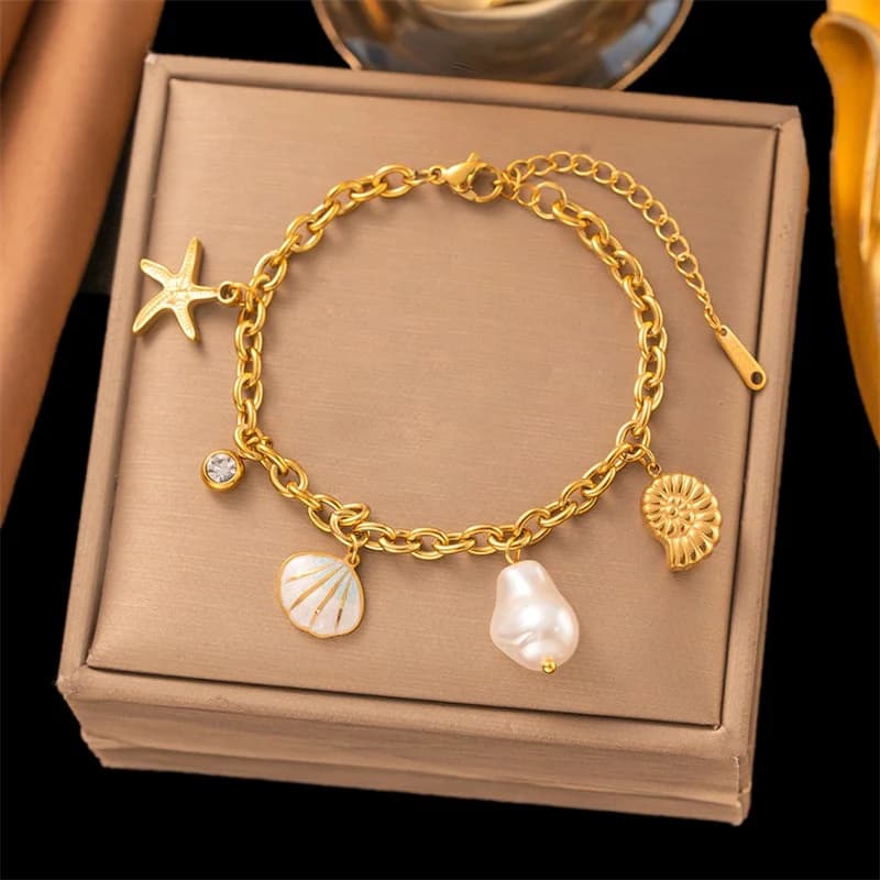Seestern- und Muschel-Charm-Armband mit Kordelkette