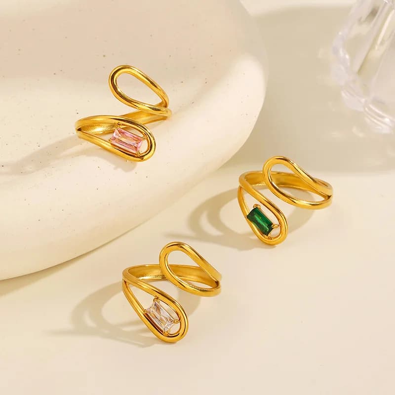 Geometrischer Glas-Zirkon-Verstellbarer Ring, 18K vergoldet