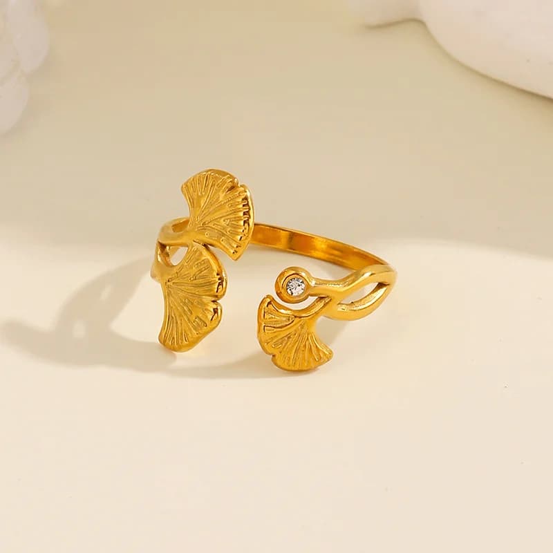 Verstellbarer Ginkgo-Blatt Ring mit Zirkonia, Edelstahl