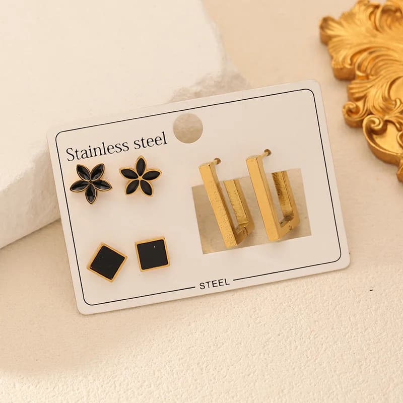 3er-Set Schwarze Floral Geometrische Creolen Ohrstecker