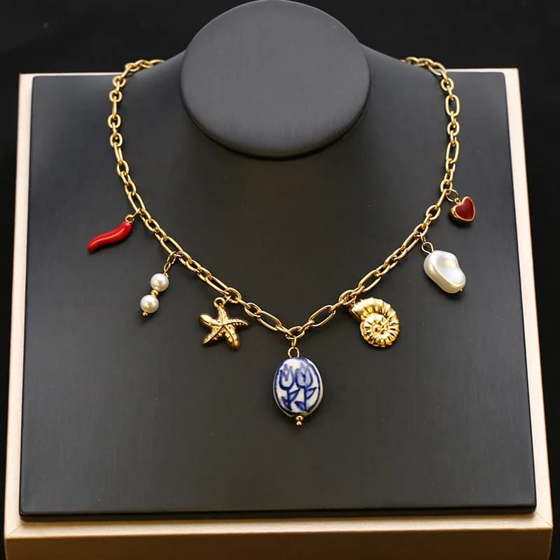 Anhänger-Halskette mit Muschel und Seestern, Ozean-Stil