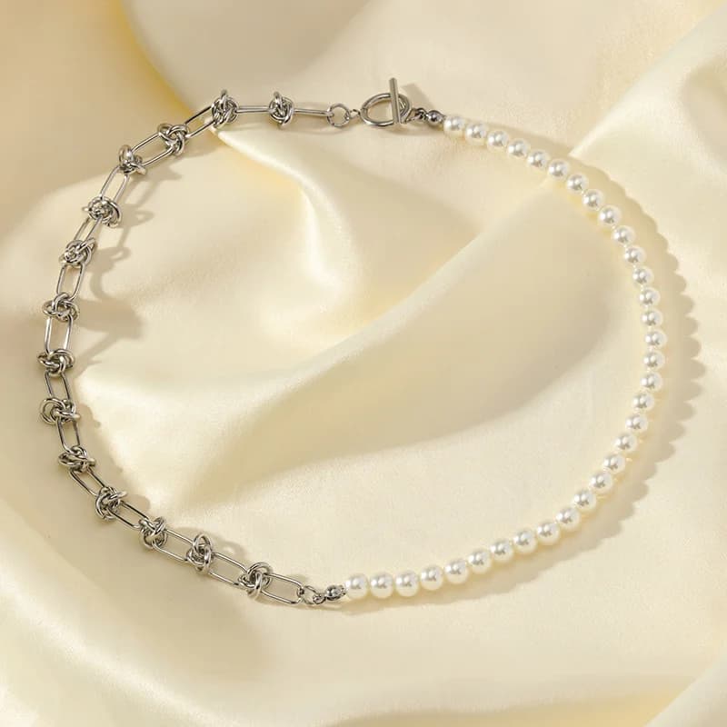 Asymmetrisches Perlen-Halsketten- & Armband-Set, Silber
