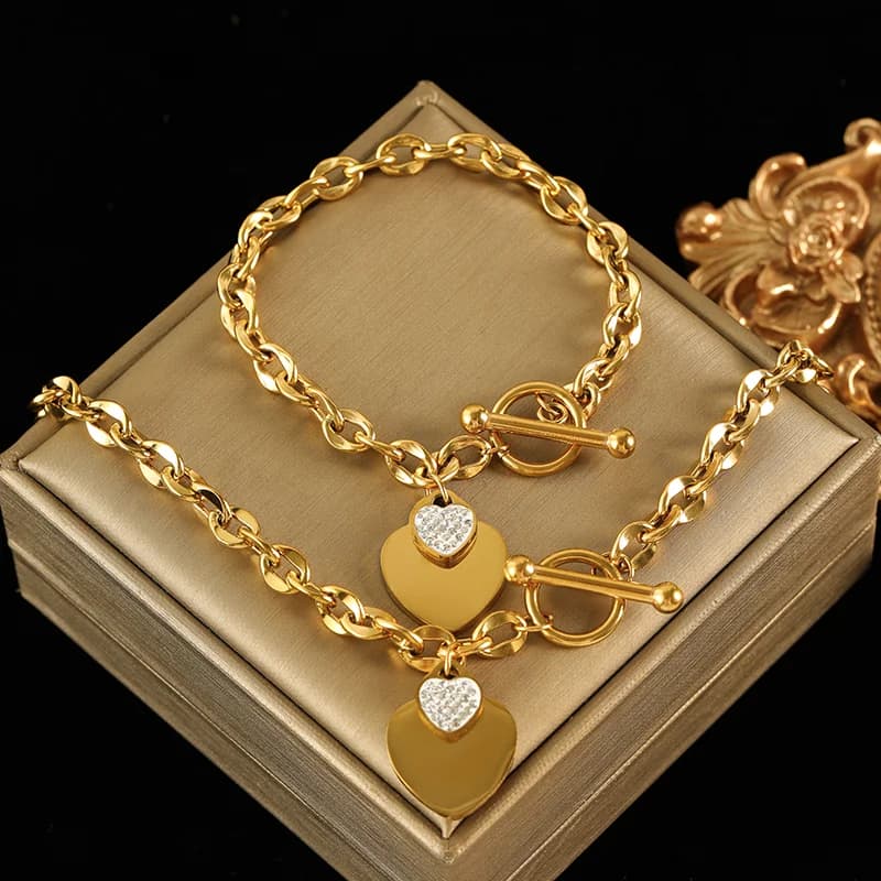 Halsketten- und Armband-Set mit Doppelherz, Silber