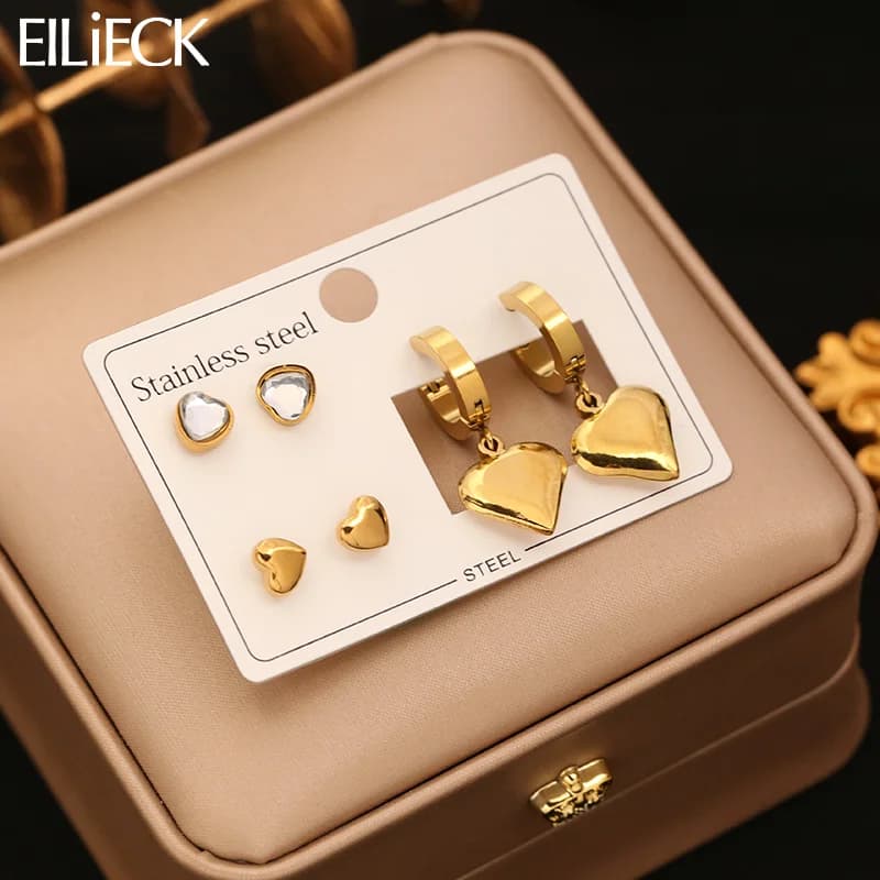3er-Set Zirkonia Herz-Ohrstecker und Hängeohrringe