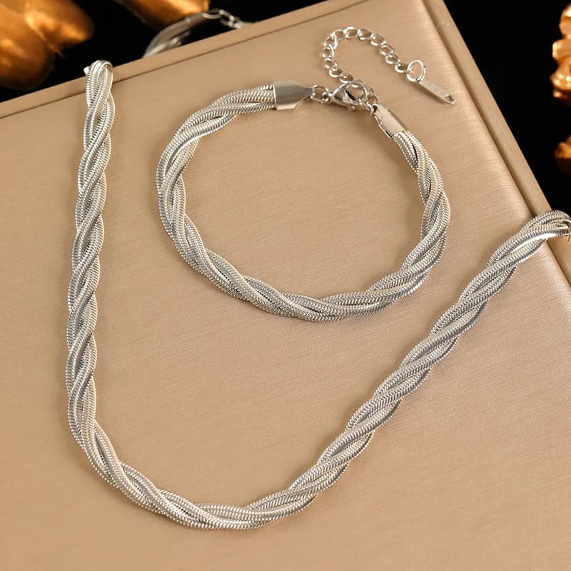 Kettenarmband- und Halsketten-Set mit Kreuzgeflecht