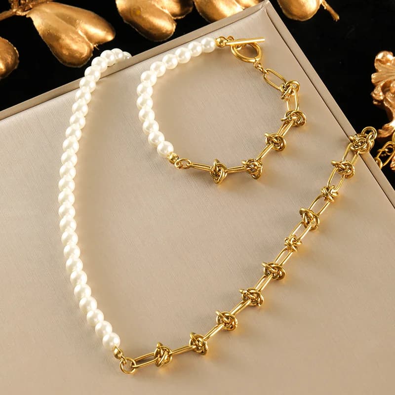Asymmetrisches Perlen-Halsketten- & Armband-Set, Silber