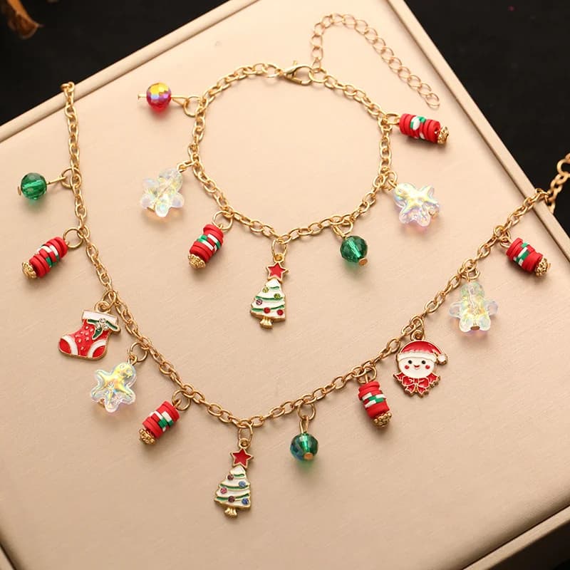 Weihnachtsbaum und Schneemann Halskette und Armband Set