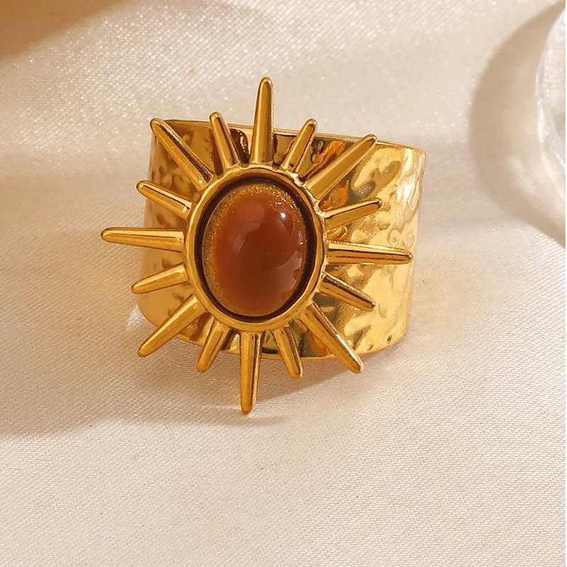 Vintage Sonnenring mit ovalem Stein, verstellbar, Edelstahl
