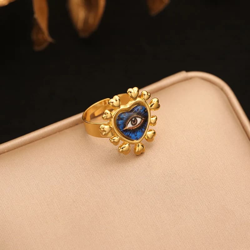 Verstellbarer Ring mit blauem Auge und Herz, 316L Edelstahl