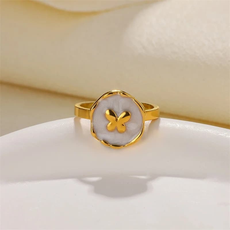 Verstellbarer Ring mit Emaille-Seestern und Muschel, Edelstahl