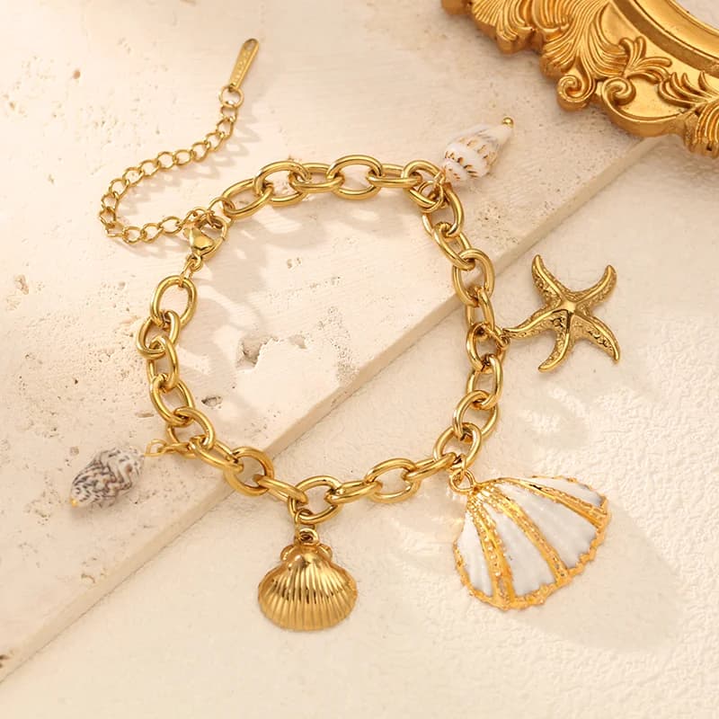 316L Edelstahl Strand-Armband mit Muschel- und Seestern-Anhängern