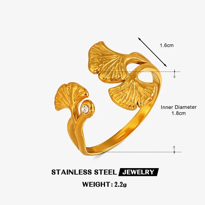 Verstellbarer Ginkgo-Blatt Ring mit Zirkonia, Edelstahl