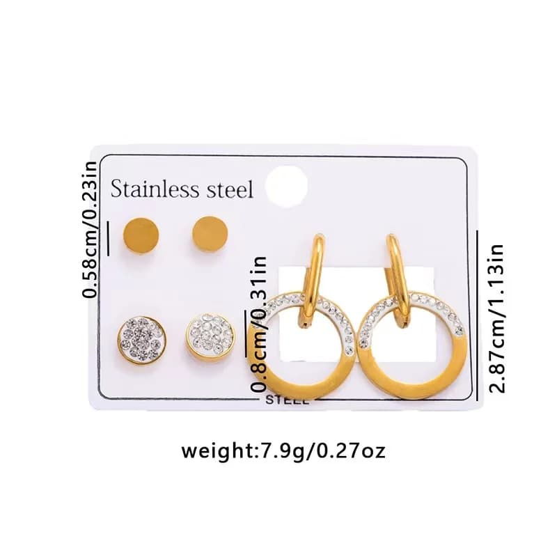 3 Paar Runde Cubic Zirconia Ohrstecker Set