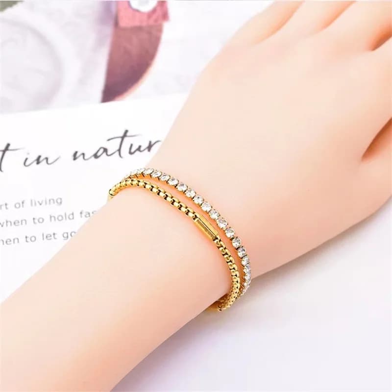 Edelstahl Armband, zweischichtig mit Zirkonia, goldfarben