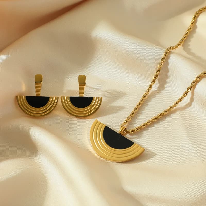 Geometrisches Halbkreis-Anhänger-Halsband und Ohrringe Set