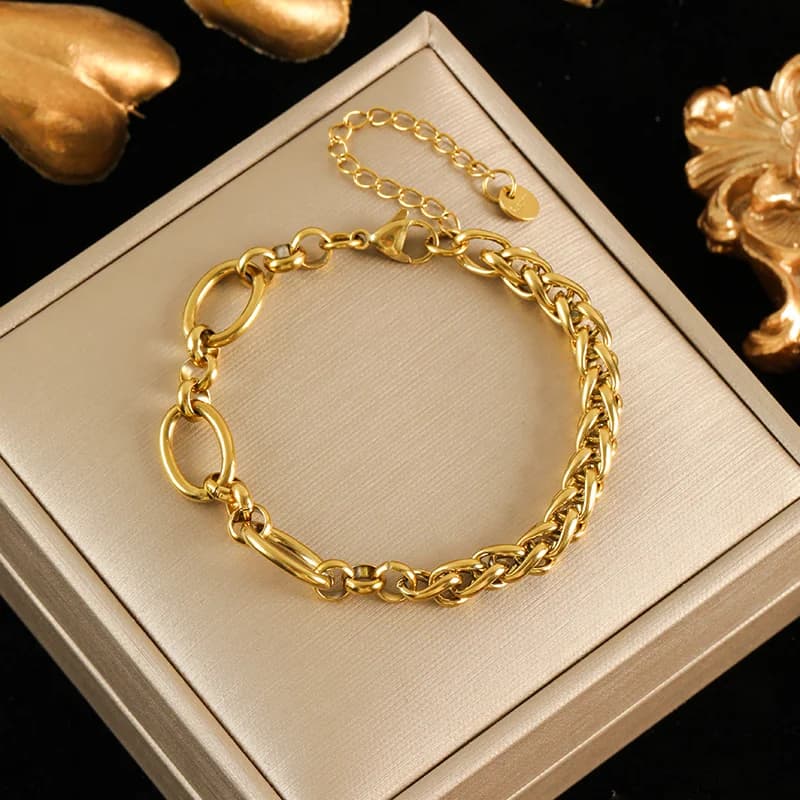Asymmetrische Ketten-Halskette und Armband-Set, Gold